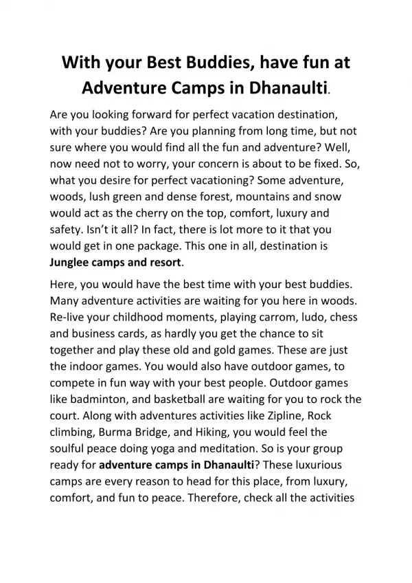 Adventure Camps in Dhanaulti | Junglee Resort