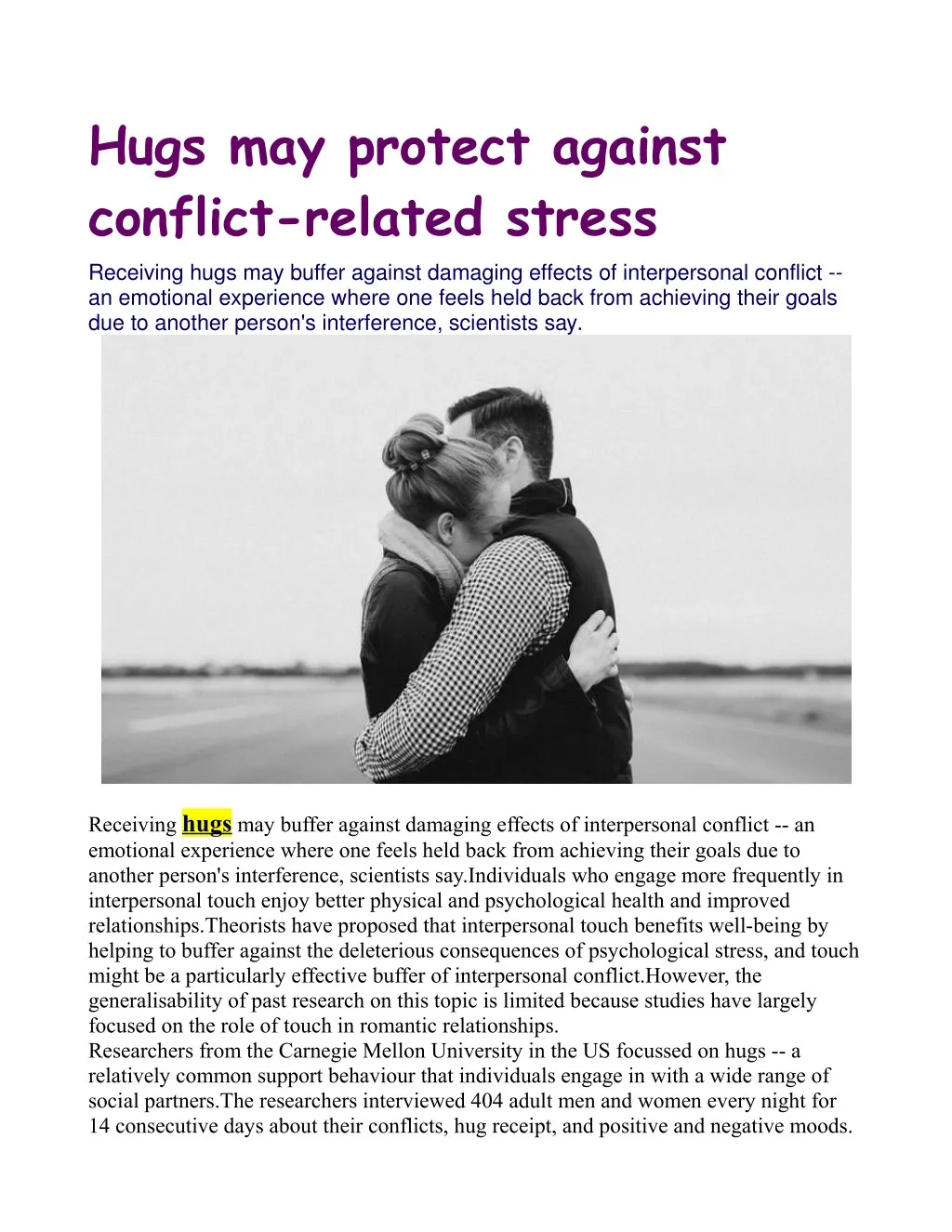 hugs may protect against conflict related stress