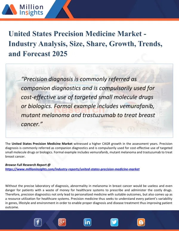 United States Precision Medicine Market Forecast to 2025 with Key Companies Profile, Supply, Demand, Cost Structure