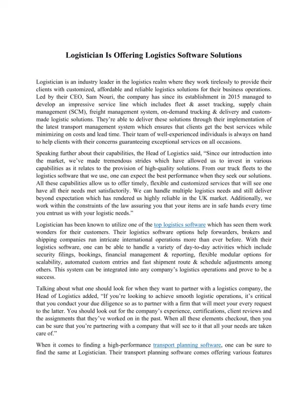 Logistician Is Offering Logistics Software Solutions