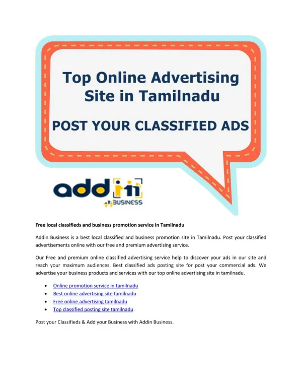 Free local classifieds and business promotion service in Tamilnadu