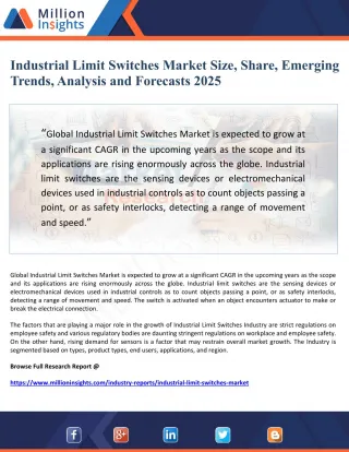 Industrial Limit Switches Market Size, Share, Emerging Trends, Analysis and Forecasts 2025
