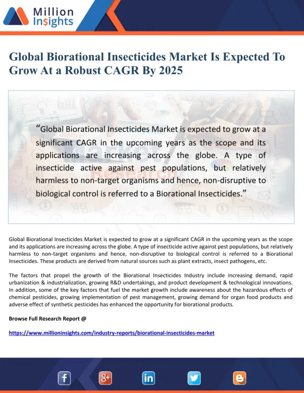 Global Biorational Insecticides Market Is Expected To Grow At a Robust CAGR By 2025