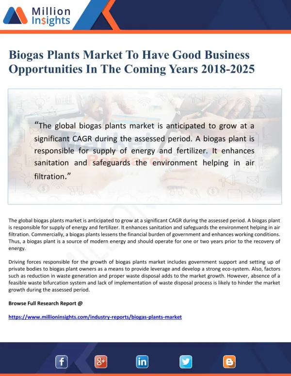 Biogas Plants Market To Have Good Business Opportunities In The Coming Years 2018-2025