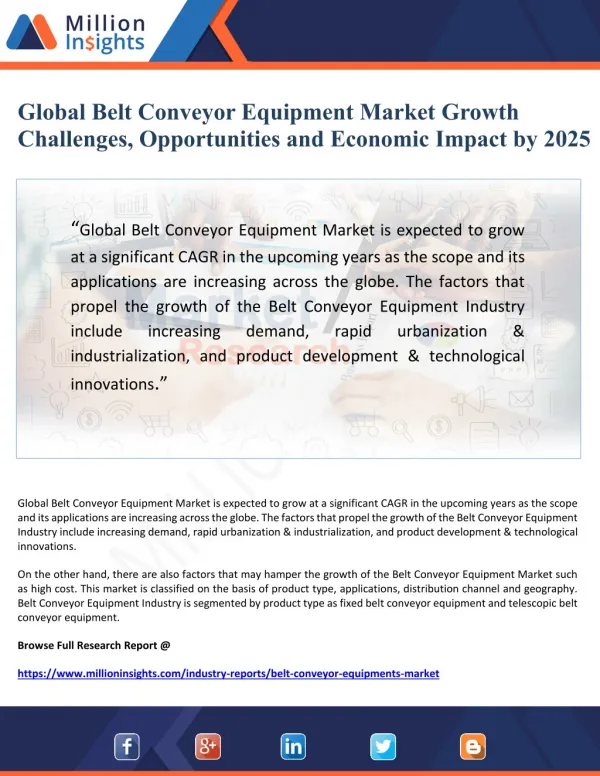 Global Belt Conveyor Equipment Market Growth Challenges, Opportunities and Economic Impact by 2025