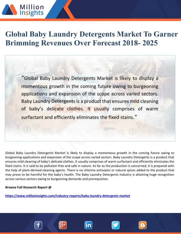 Global Baby Laundry Detergents Market To Garner Brimming Revenues Over Forecast 2018- 2025