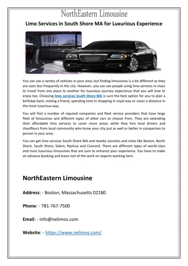 Limo Services in South Shore MA for Luxurious Experience