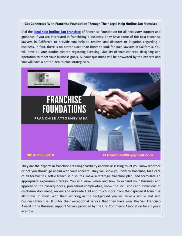 Get Connected With Franchise Foundation Through Their Legal Help Hotline San Francisco