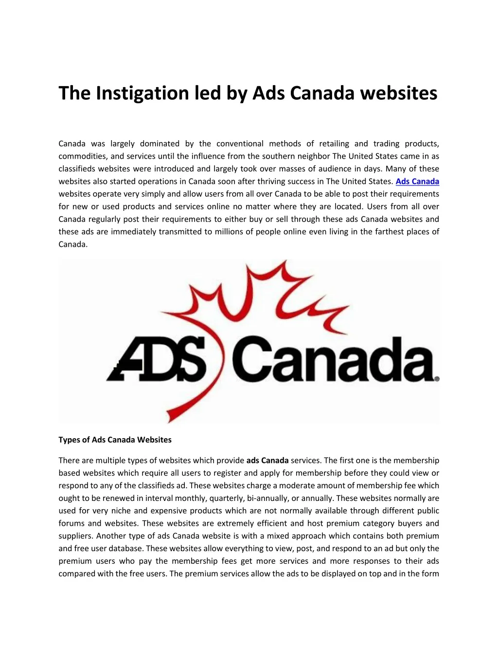 the instigation led by ads canada websites