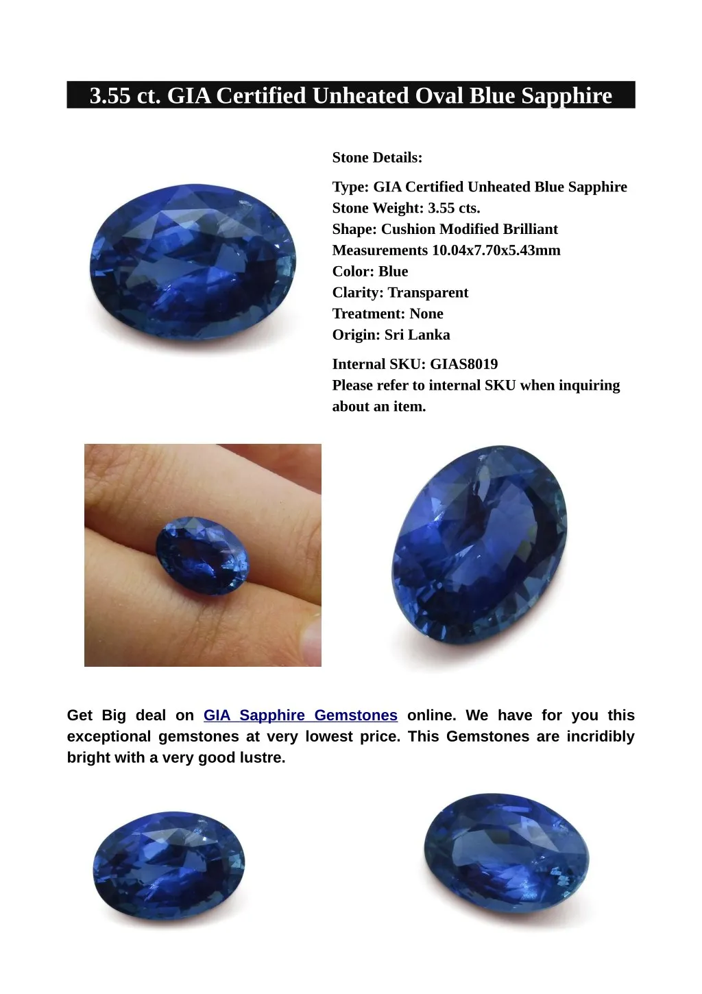 3 55 ct gia certified unheated oval blue sapphire