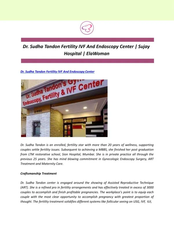 Dr. Sudha Tandon Fertility IVF And Endoscopy Center | Sujay Hospital | ElaWoman
