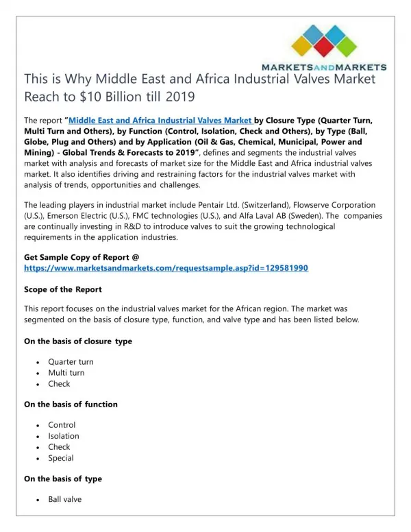 This is Why Middle East and Africa Industrial Valves Market Reach to $10 Billion till 2019