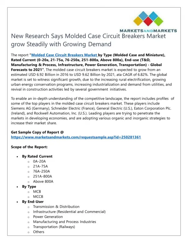 New Research Says Molded Case Circuit Breakers Market grow Steadily with Growing Demand