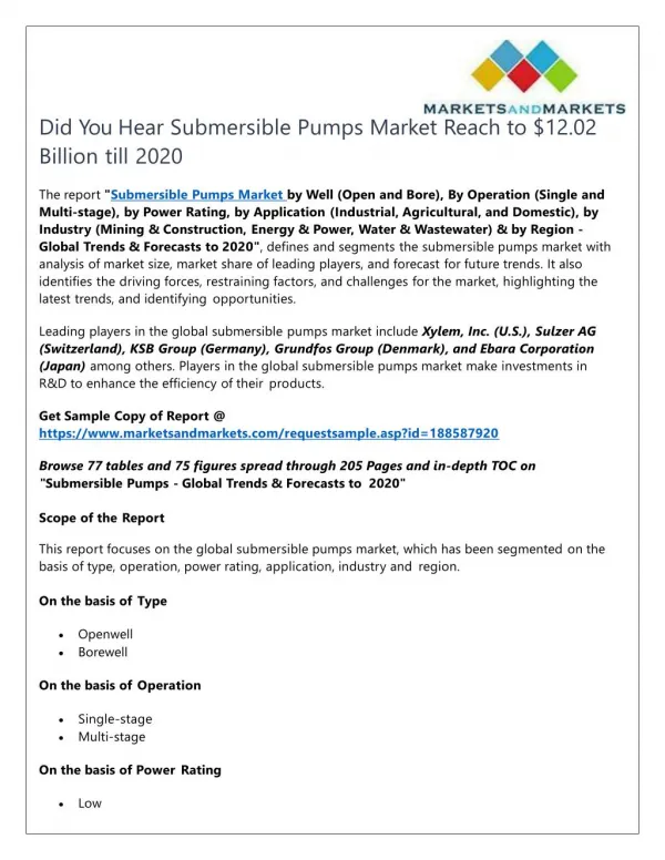 Did You Hear Submersible Pumps Market Reach to $12.02 Billion till 2020