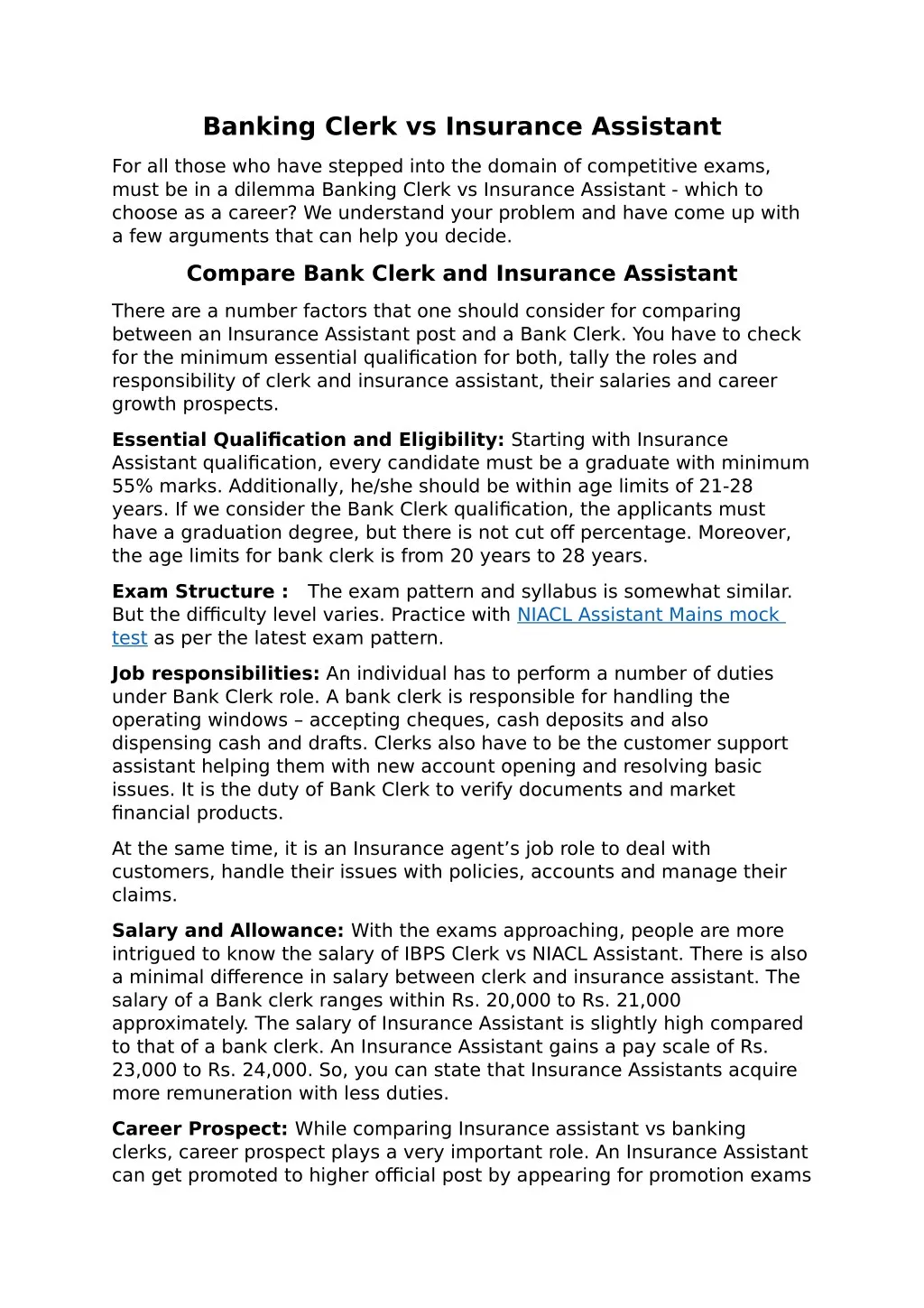 banking clerk vs insurance assistant