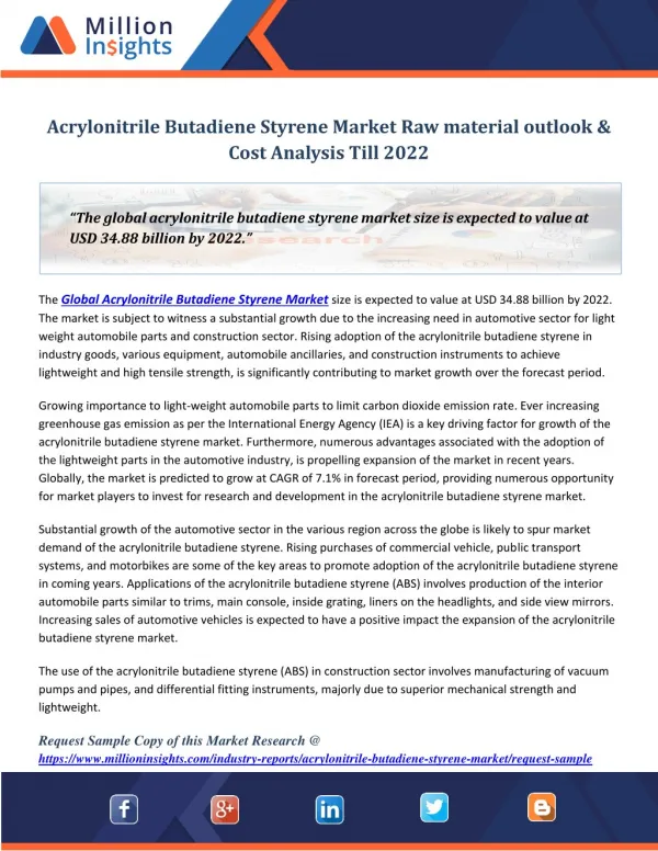 Acrylonitrile Butadiene Styrene Market Raw material outlook & Cost Analysis Till 2022
