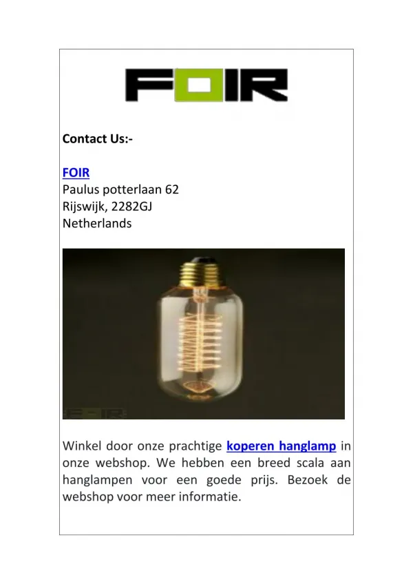 Koop koperen hanglamp op FOIR.nl