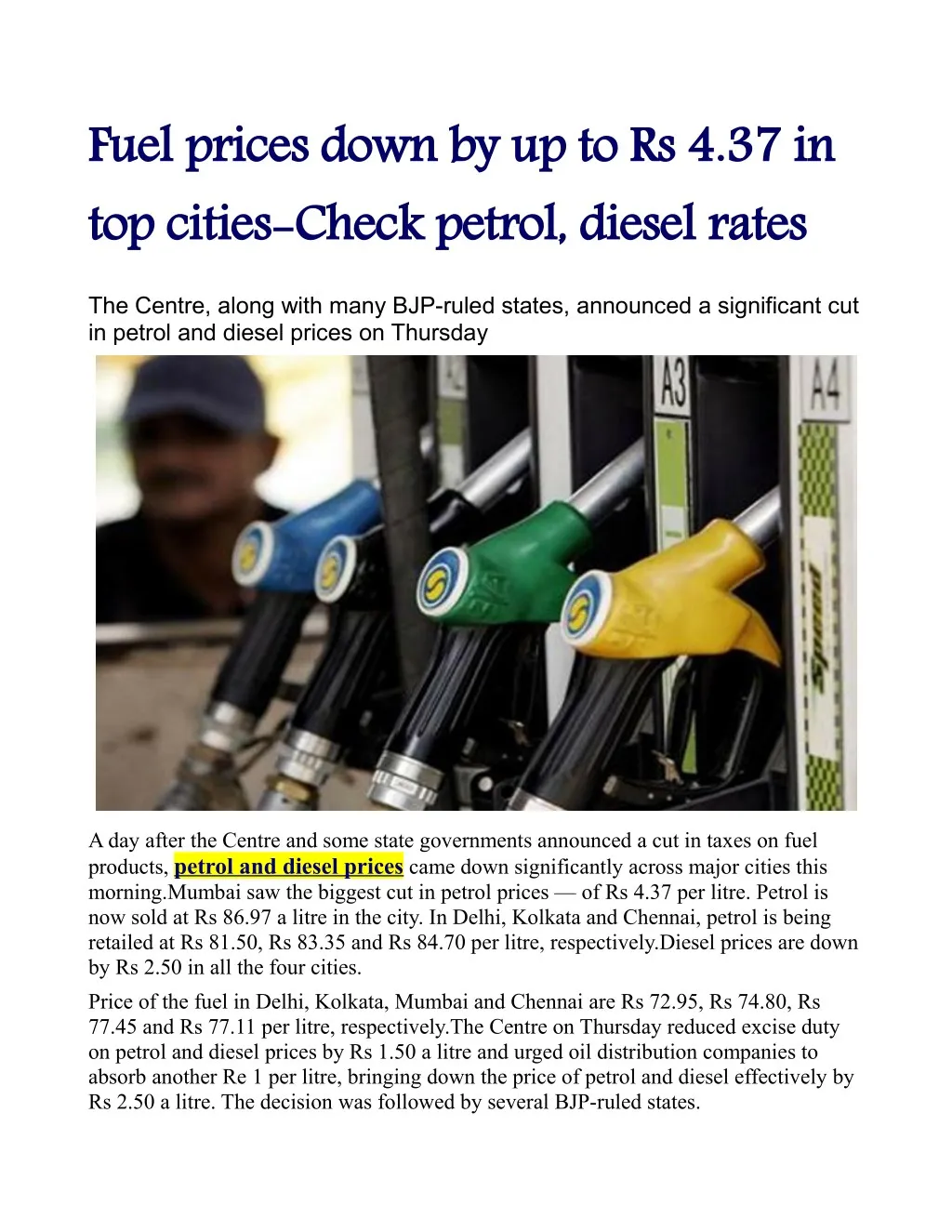 fuel prices down by up to rs 4 37 in top cities