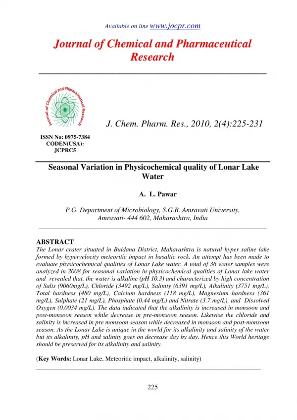 Seasonal Variation in Physicochemical quality of Lonar Lake Water