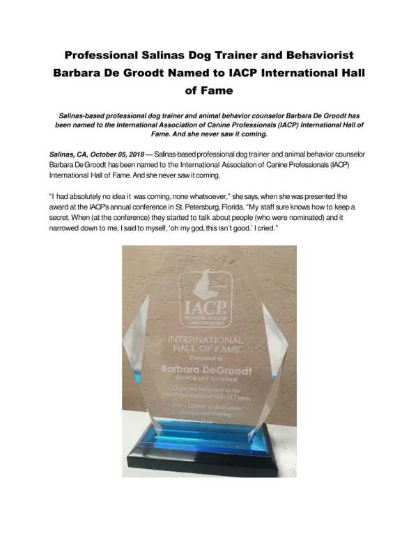 Professional Salinas Dog Trainer and Behaviorist Barbara De Groodt Named to IACP International Hall of Fame