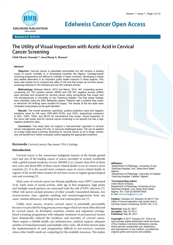 The Utility of Visual Inspection with Acetic Acid in Cervical Cancer Screening