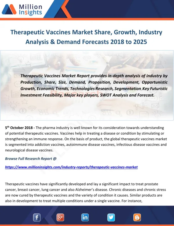 Therapeutic Vaccines Market Share, Growth, Industry Analysis & Demand Forecasts 2018 to 2025