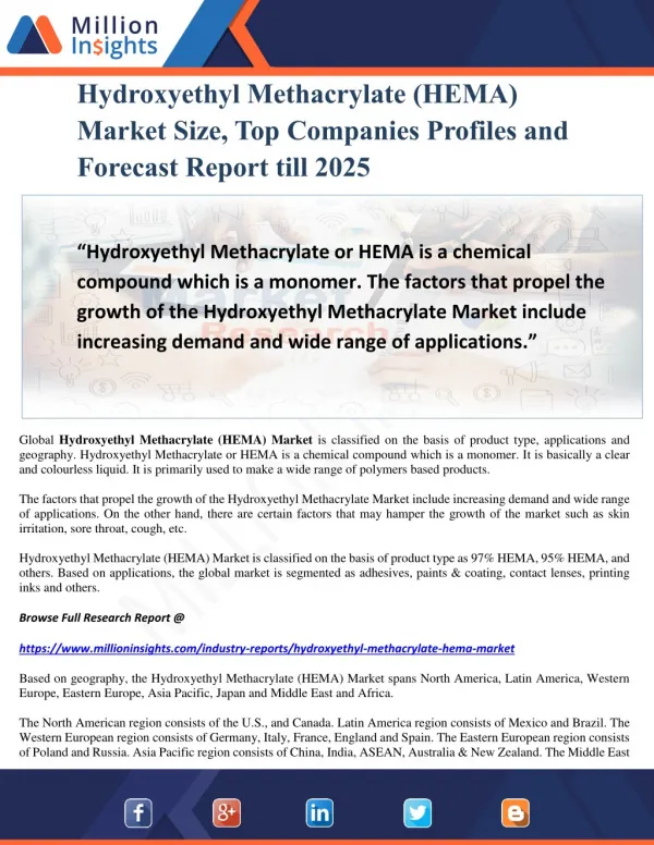 Hydroxyethyl Methacrylate (HEMA) Market Size, Top Companies Profiles and Forecast Report till 2025