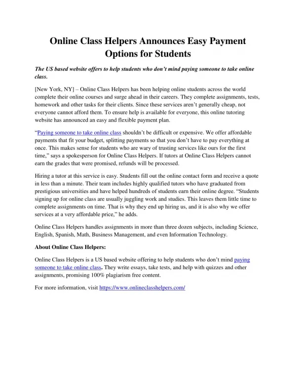 online class helpers announces easy payment