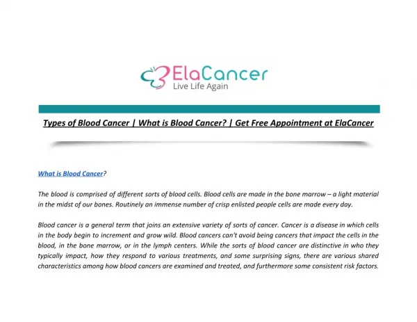 Types of Blood Cancer | What is Blood Cancer? | Get Free Appointment at ElaCancer