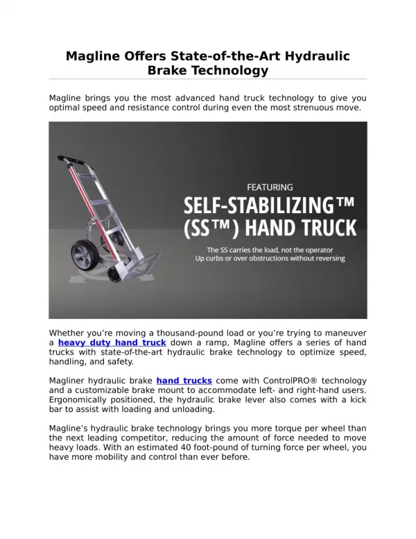 Magline Offers State-of-the-Art Hydraulic Brake Technology
