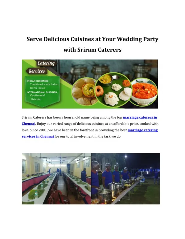Serve Delicious Cuisines at Your Wedding Party with Sriram Caterers