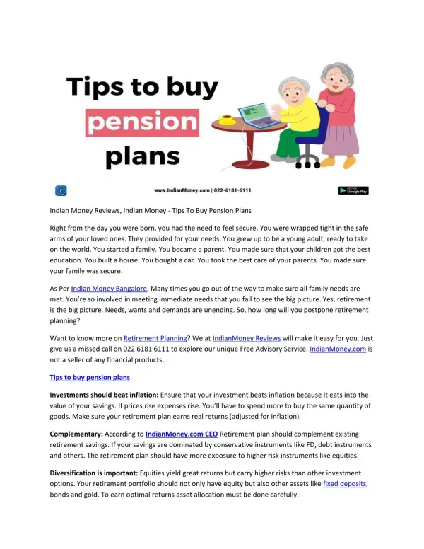 Indian Money Reviews, Indian Money - Tips To Buy Pension Plans
