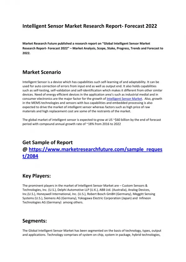 Intelligent Sensor Market 2022: Market Trends, Emerging Opportunities and Key Vendors