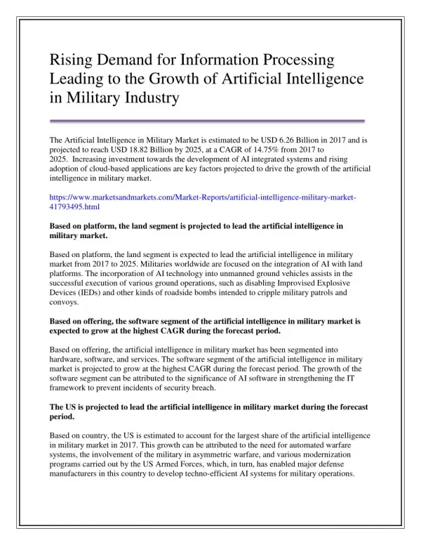 Rising Demand for Information Processing Leading to the Growth of Artificial Intelligence in Military Industry