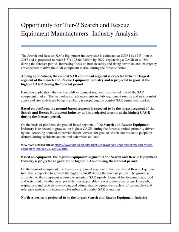 Opportunity for Tier-2 Search and Rescue Equipment Manufacturers- Industry Analysis, Market Size, Growth, Trends.