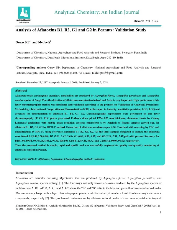 Analysis of Aflatoxins B1, B2, G1 and G2 in Peanuts: Validation Study