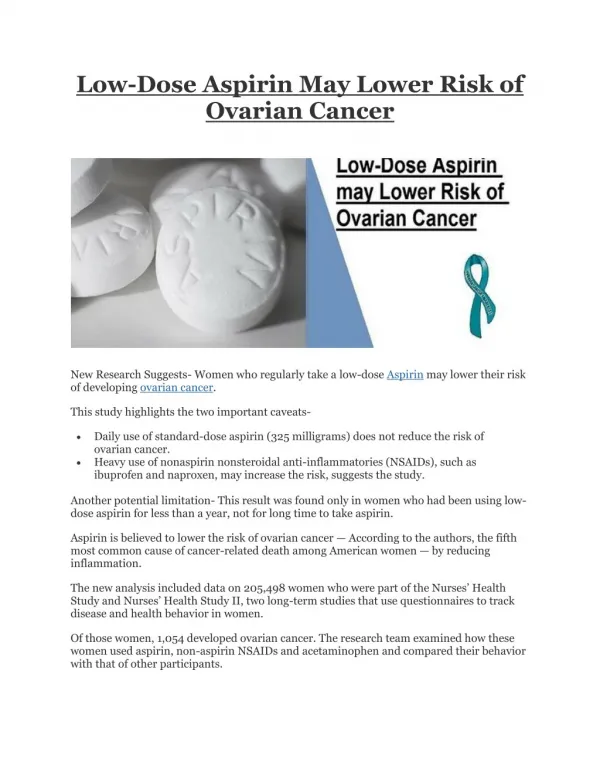 Low-Dose Aspirin May Lower Risk of Ovarian Cancer