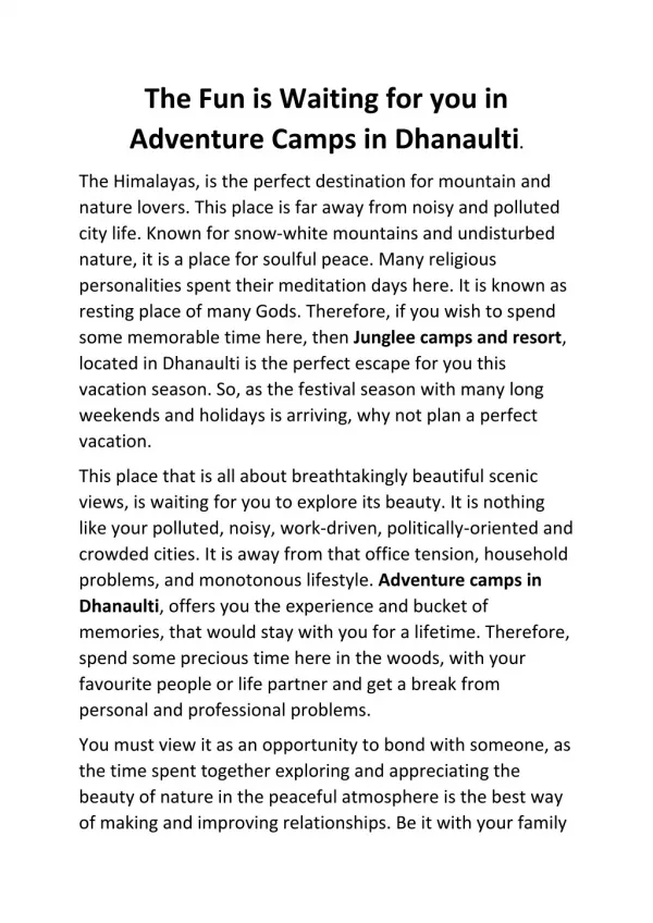 Adventure Camps in Dhanaulti | Junglee Resort