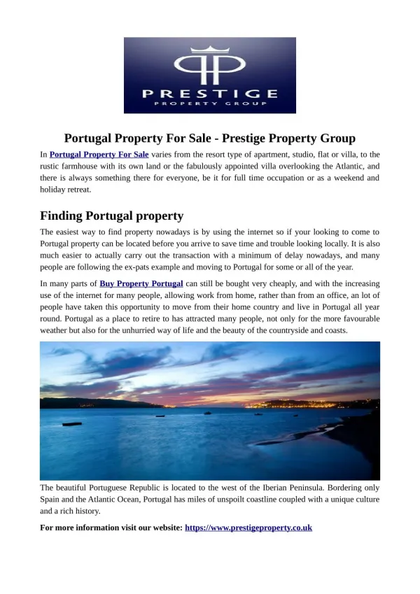 Portugal Property For Sale - Prestige Property Group