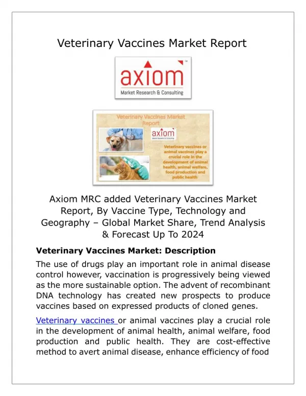 Veterinary Vaccines Market by Type, Application & End-Users Analysis Report 2018