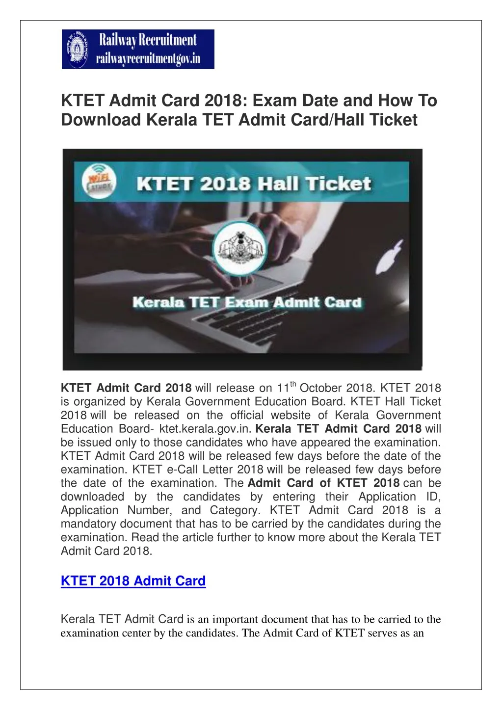 ktet admit card 2018 exam date