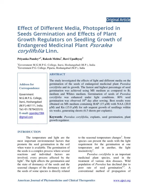 Effect of Different Media, Photoperiod in Seeds Germination and Effects of Plant Growth Regulators on Seedling Growth of