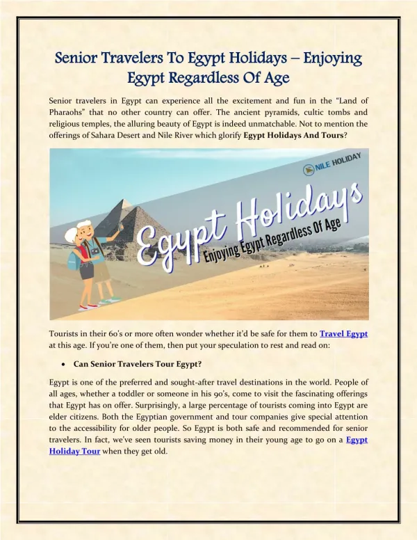 Senior Travelers To Egypt Holidays – Enjoying Egypt Regardless Of Age