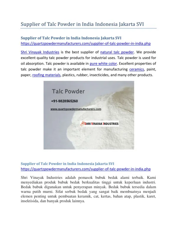 Supplier of Talc Powder in India Indonesia Jakarta SVI
