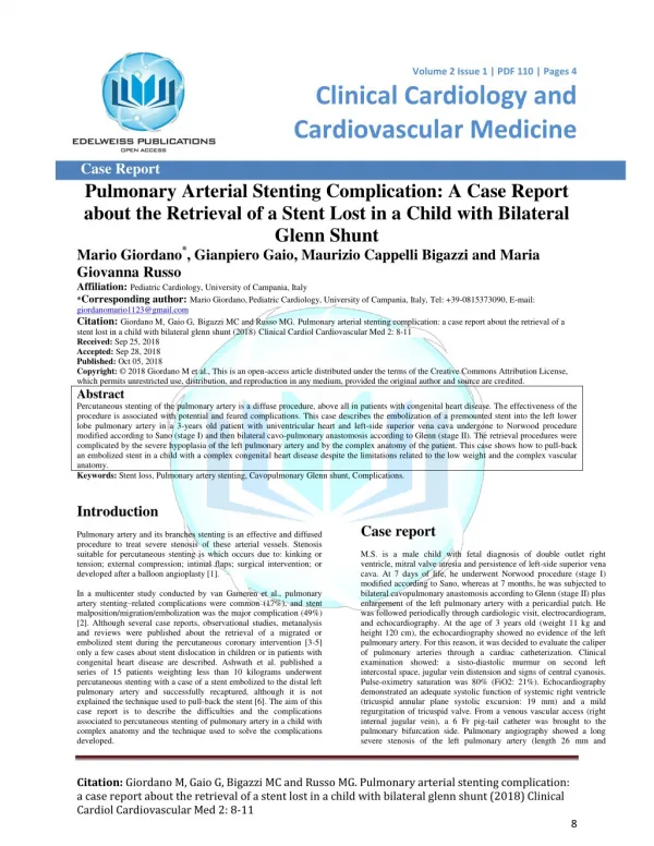 Pulmonary Arterial Stenting Complication: A Case Report about the Retrieval of a Stent Lost in a Child with Bilateral Gl