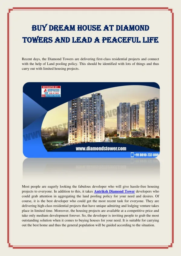 Buy Dream House At Diamond Towers And Lead A Peaceful Life