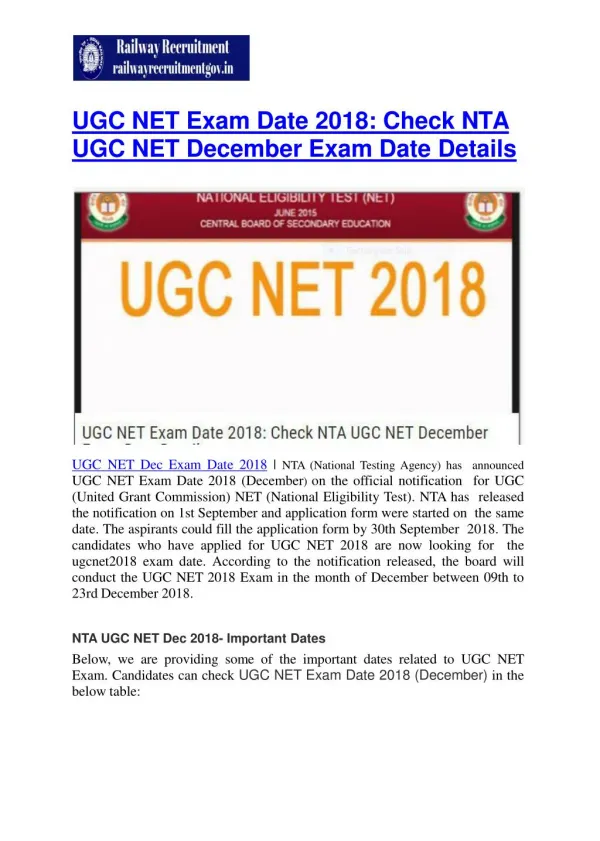 UGC NET Exam Date 2018: Check NTA UGC NET December Exam Date Details