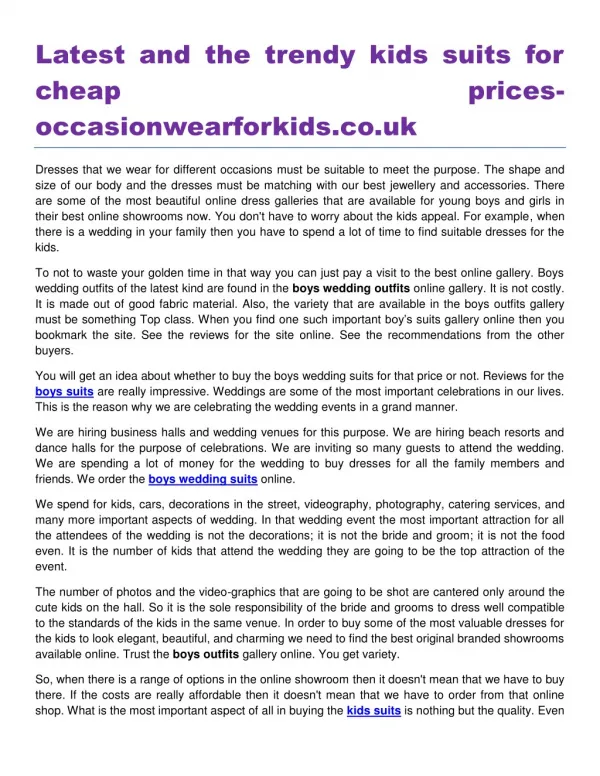 Latest and the trendy kids suits for cheap prices occasionwearforkids.co.uk