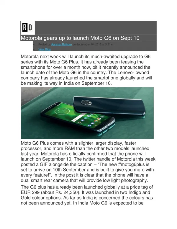 Motorola gears up to launch Moto G6 on Sept 10