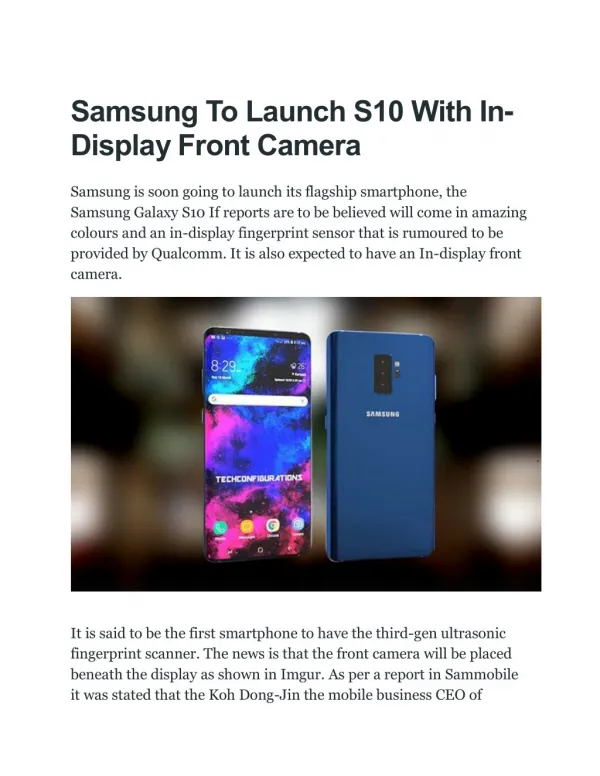 Samsung To Launch S10 With In-Display Front Camera